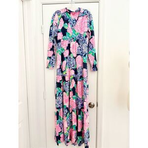 Lilly Pulitzer Navy Hey Hey‎ Bouquet Floral Martinique Tiered Maxi Dress M